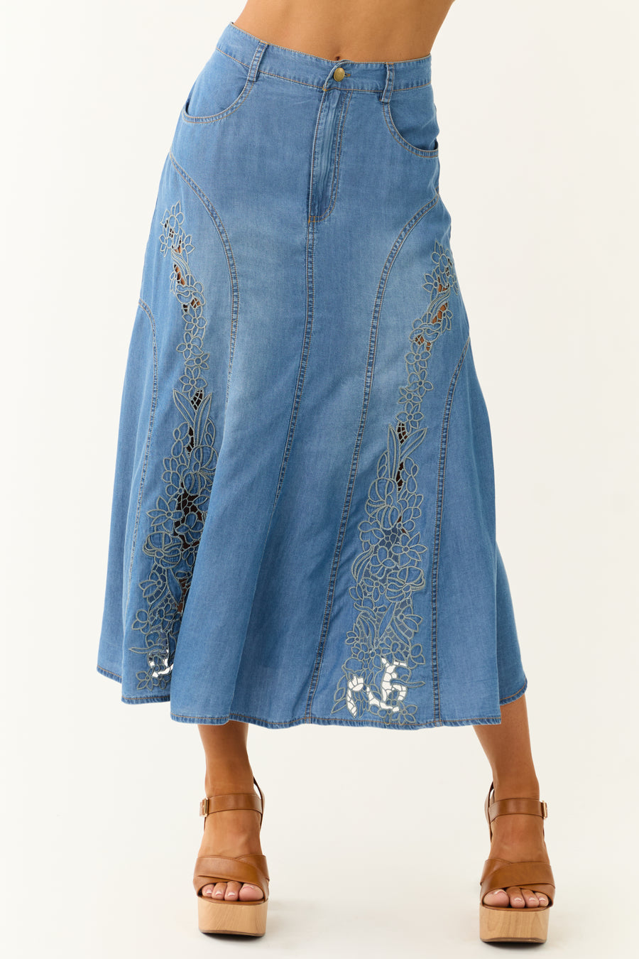 Medium Wash Denim Floral Embroidered Maxi Skirt