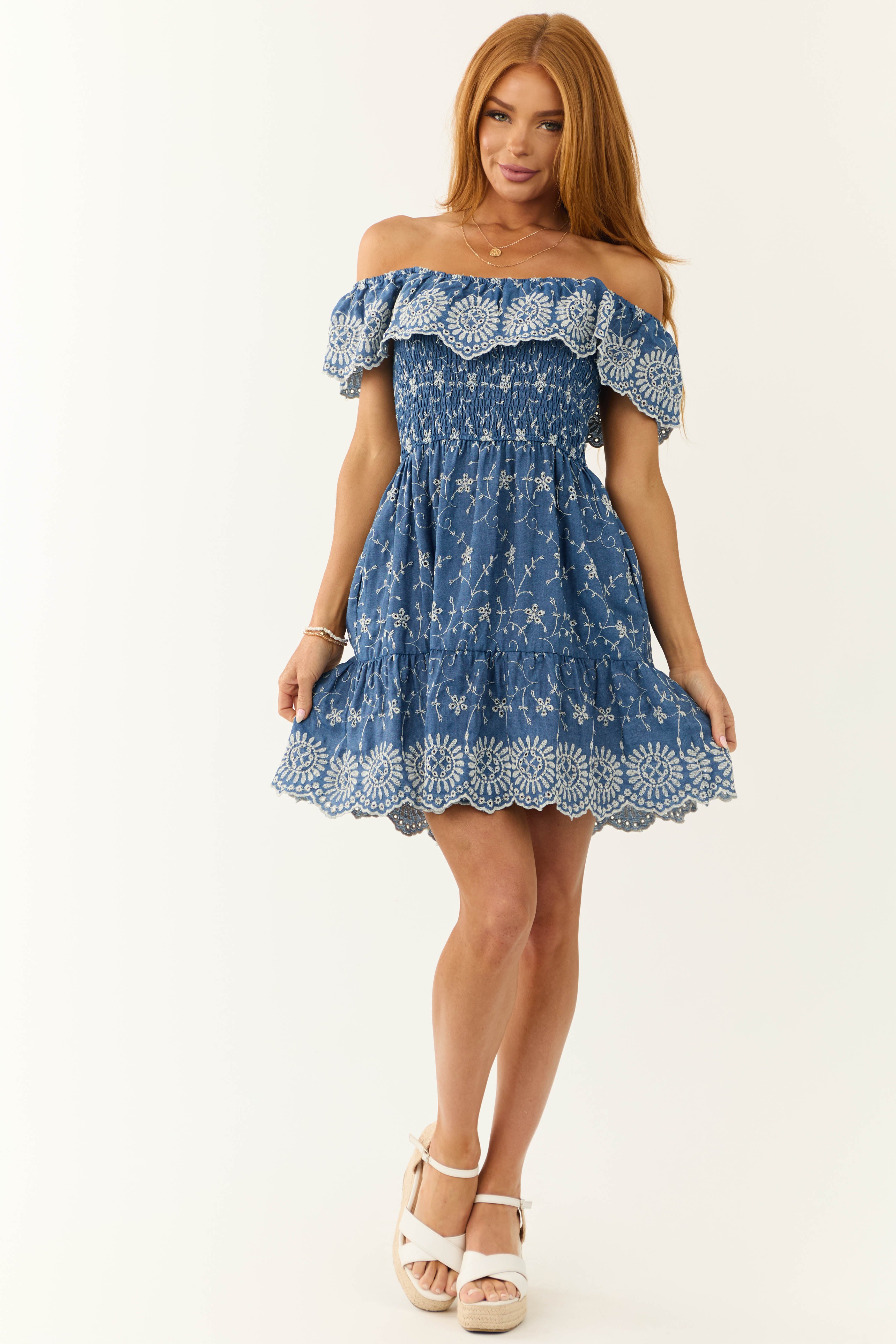 Medium Wash Denim Floral Eyelet Mini Dress