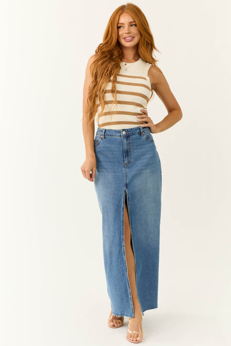 Medium Wash Denim Front Slit Maxi Skirt