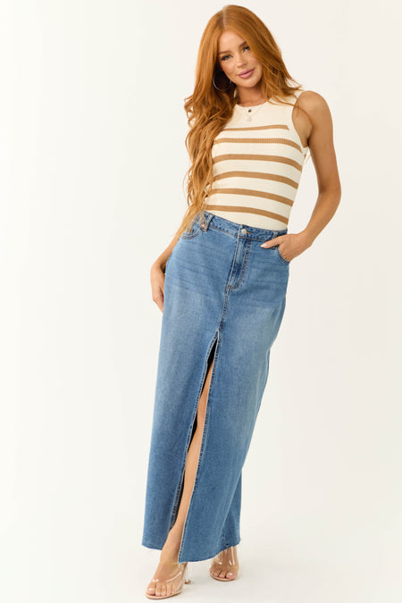 Medium Wash Denim Front Slit Maxi Skirt