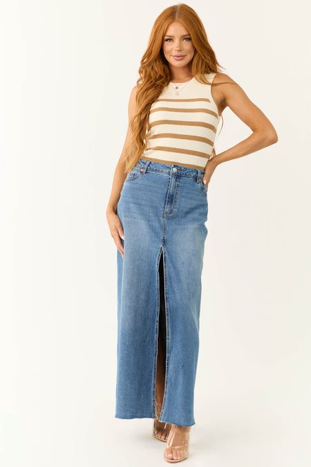 Medium Wash Denim Front Slit Maxi Skirt