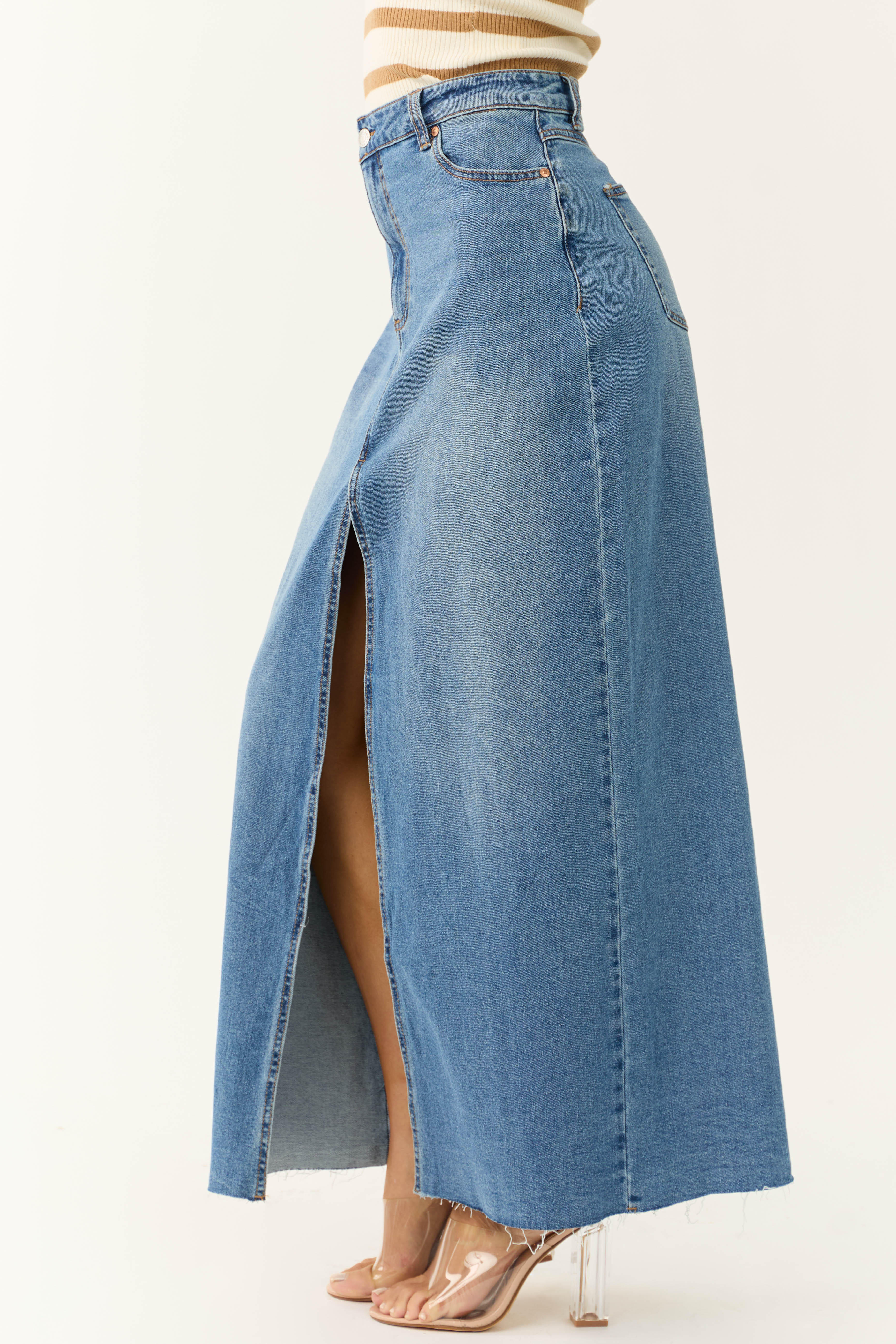 Medium Wash Denim Front Slit Maxi Skirt