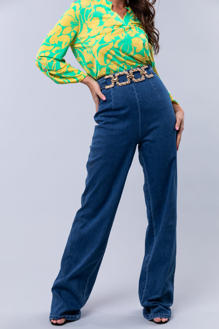 Medium Wash Denim Gold Belt High Waisted Jeans