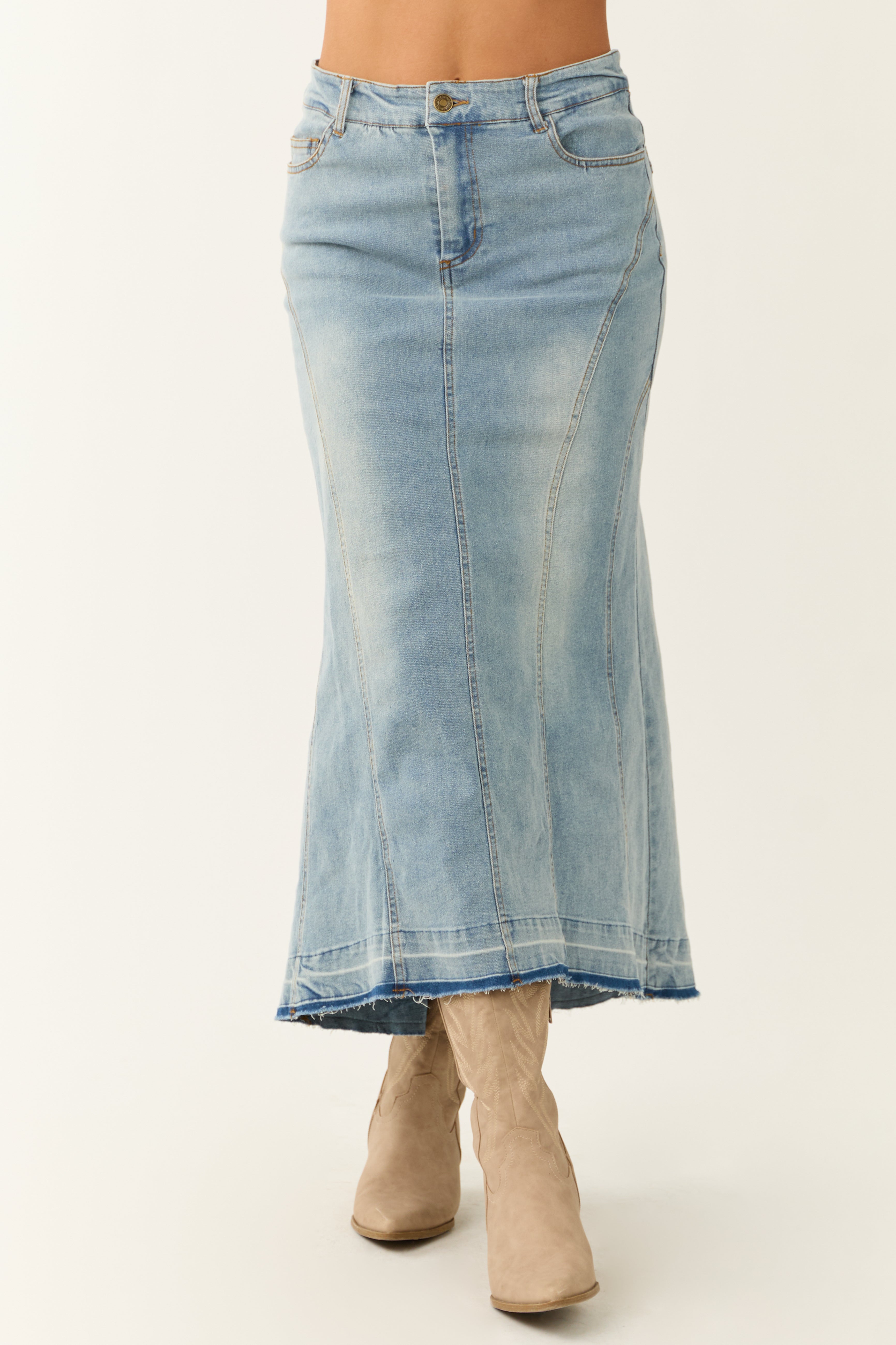 Medium Wash Denim High Low Maxi Skirt