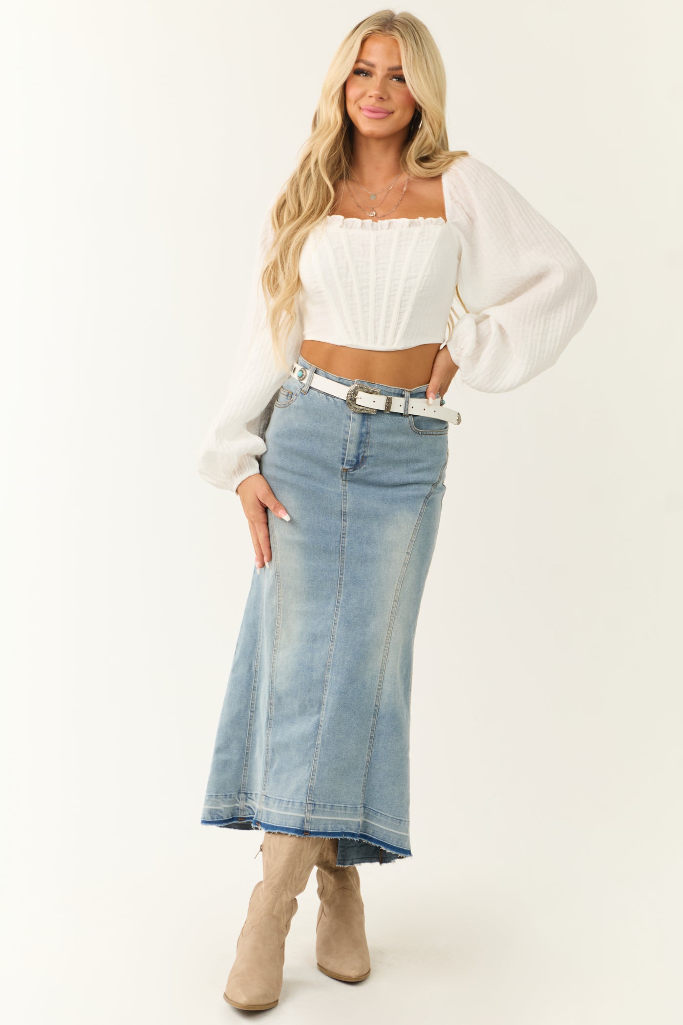 Medium Wash Denim High Low Maxi Skirt