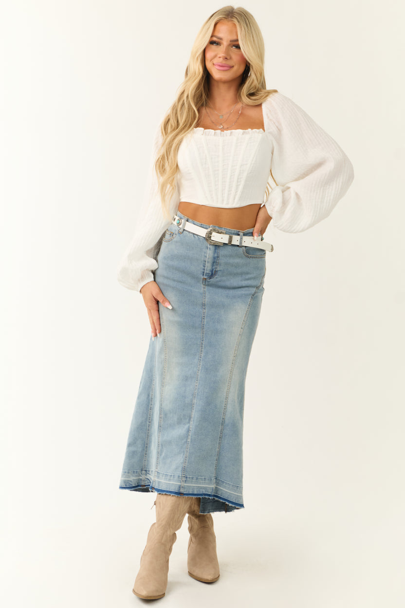 Medium Wash Denim High Low Maxi Skirt