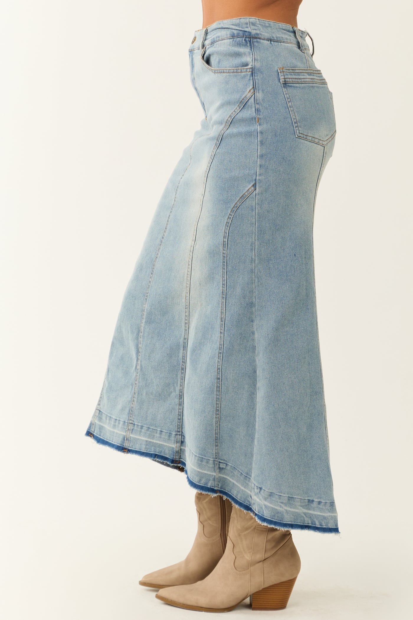 Medium Wash Denim High Low Maxi Skirt