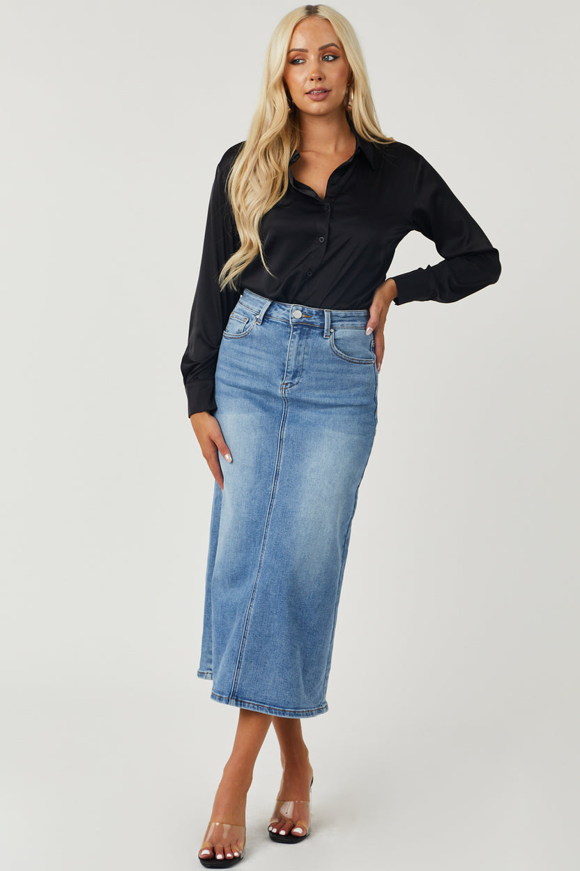 Medium Wash Denim High Rise Back Slit Skirt