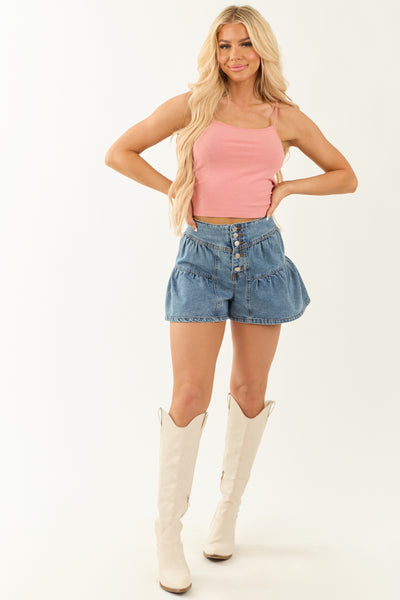 Medium Wash Denim High Waisted Flare Button Shorts