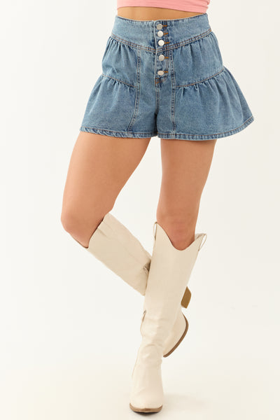 Medium Wash Denim High Waisted Flare Button Shorts