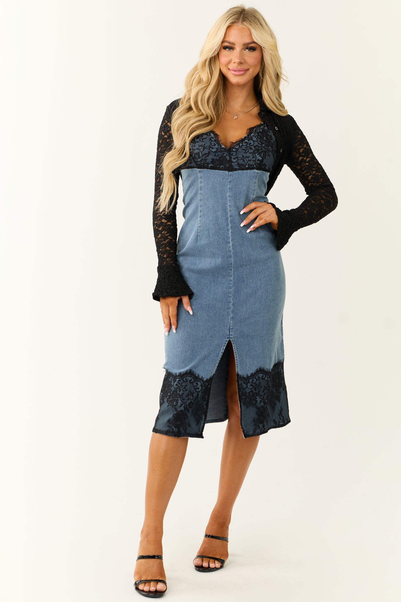 Medium Wash Denim Lace Detail Midi Dress