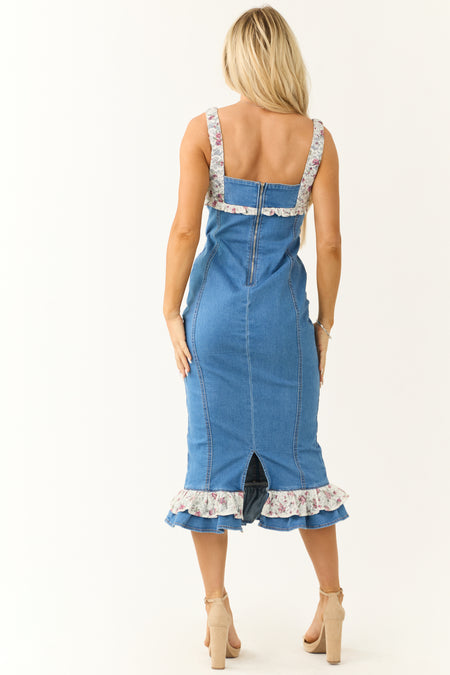 Medium Wash Denim Lace Ruffle Sweetheart Midi Dress