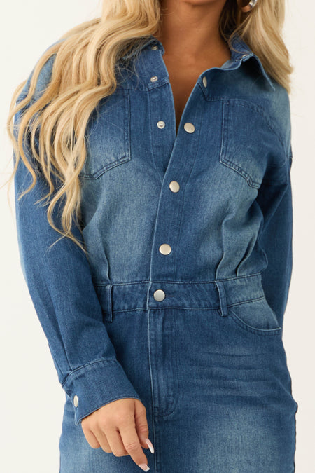 Medium Wash Denim Long Sleeve Mini Dress