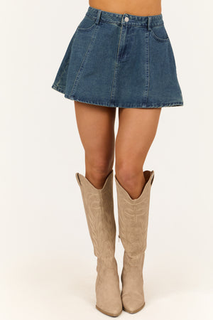 Medium Wash Denim Mid Rise Flare Mini Skirt