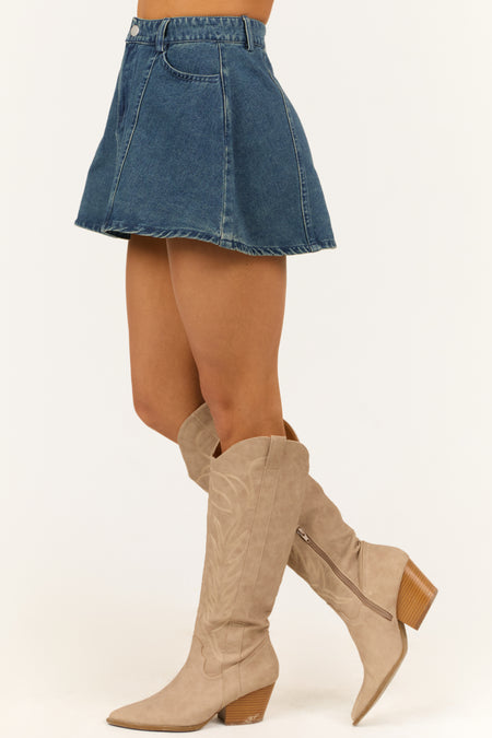 Medium Wash Denim Mid Rise Flare Mini Skirt