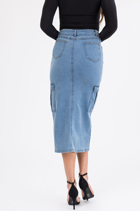 Medium Wash Denim Midi Skirt with Slit