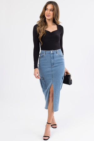 Medium Wash Denim Midi Skirt with Slit