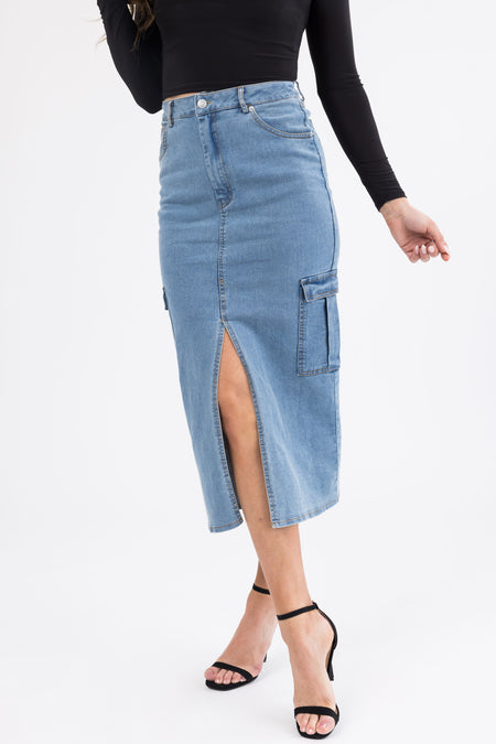 Medium Wash Denim Midi Skirt with Slit