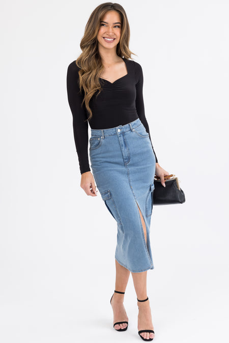 Medium Wash Denim Midi Skirt with Slit