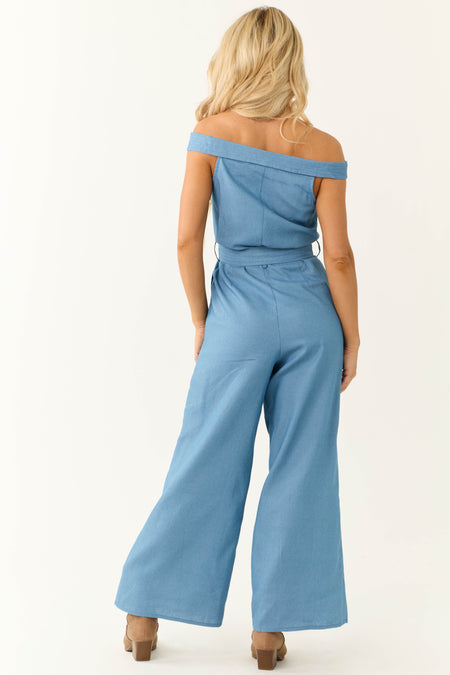 Medium Wash Denim Off the Shoulder Jumpsuit