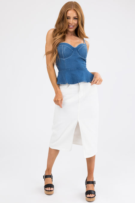 Medium Wash Denim Peplum Sleeveless Blouse