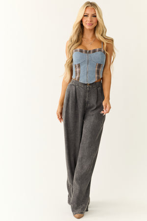 Medium Wash Denim Plaid Contrast Corset Top