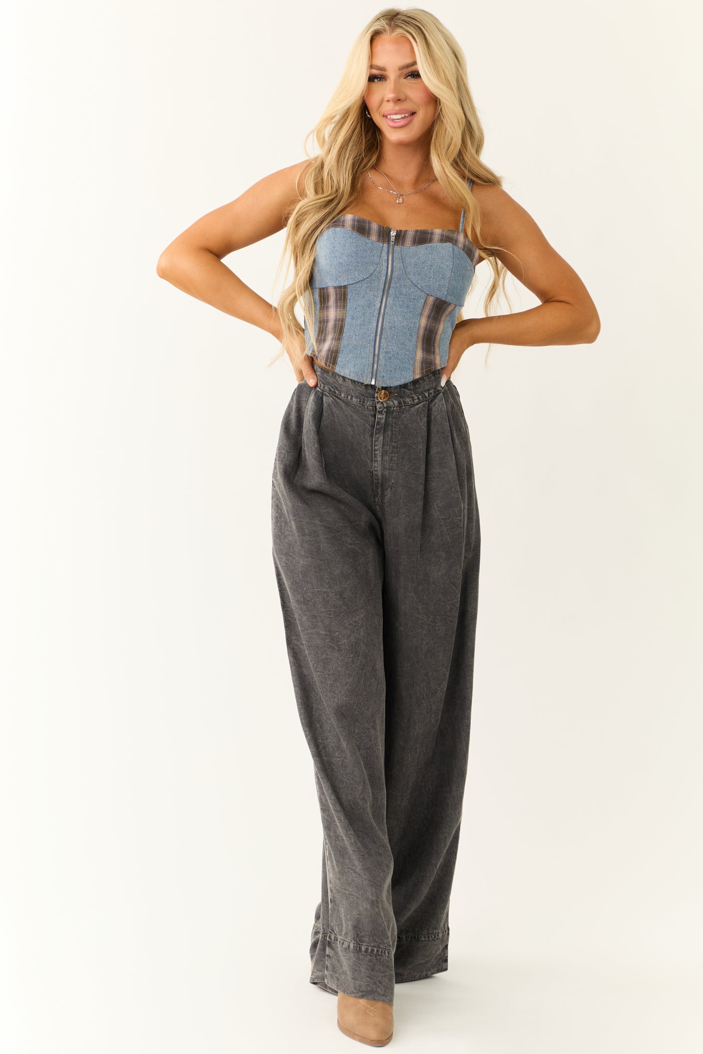 Medium Wash Denim Plaid Contrast Corset Top