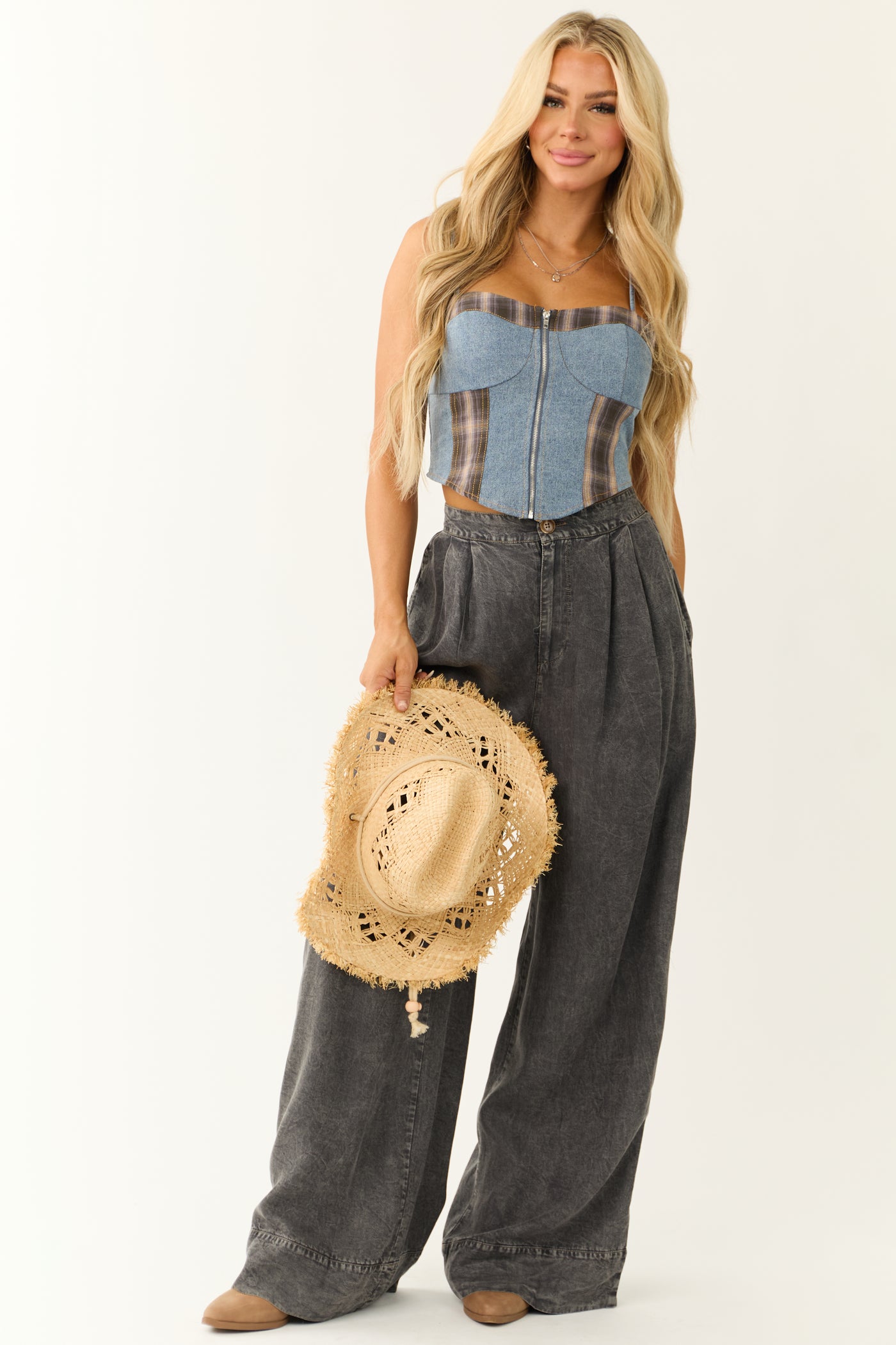 Medium Wash Denim Plaid Contrast Corset Top