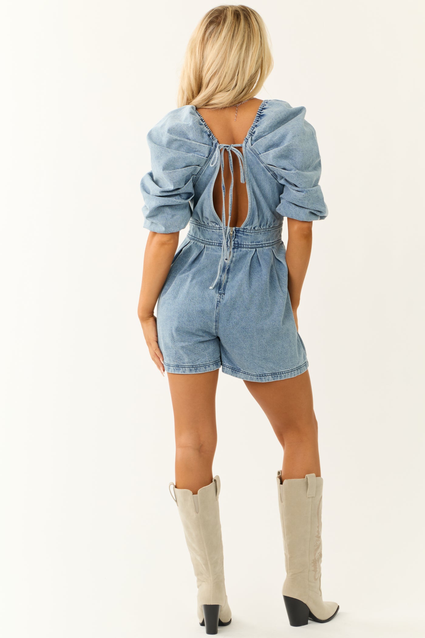 Medium Wash Denim Puff Half Sleeve Romper