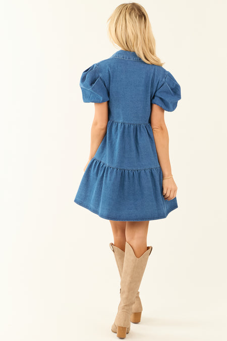 Medium Wash Denim Puff Short Sleeve Mini Dress