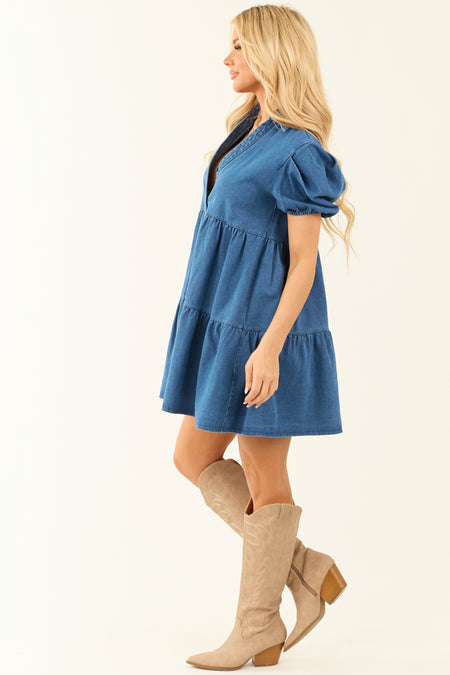 Medium Wash Denim Puff Short Sleeve Mini Dress