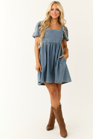 Medium Wash Denim Puff Sleeve Babydoll Short Dress