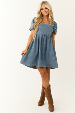 Medium Wash Denim Puff Sleeve Babydoll Short Dress