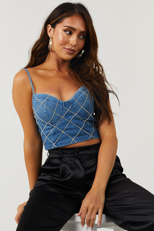 Medium Wash Denim Rhinestone Bustier Top