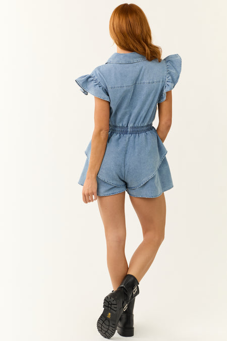 Medium Wash Denim Ruffle Button Down Romper