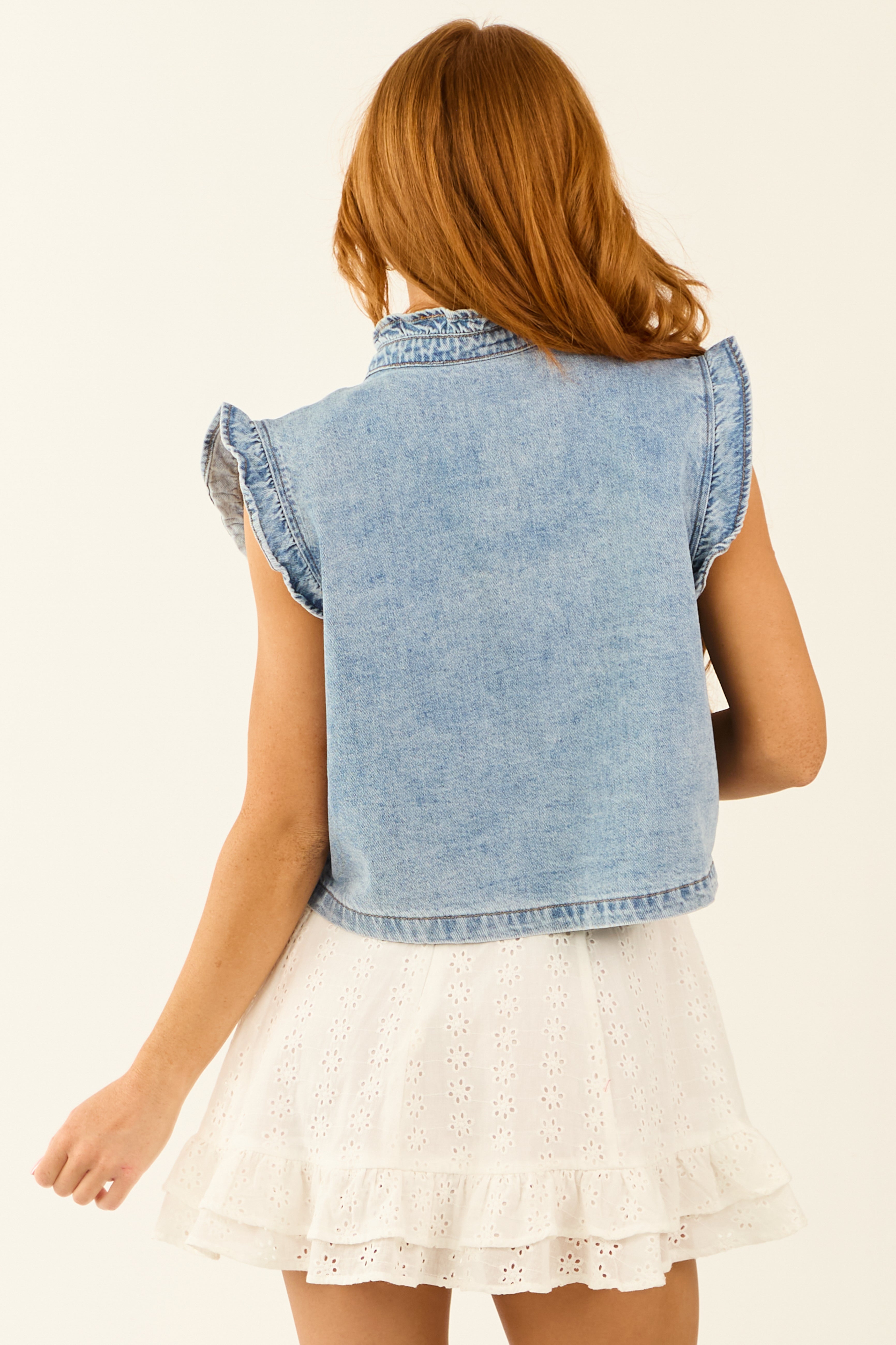 Medium Wash Denim Ruffle Button Down Vest