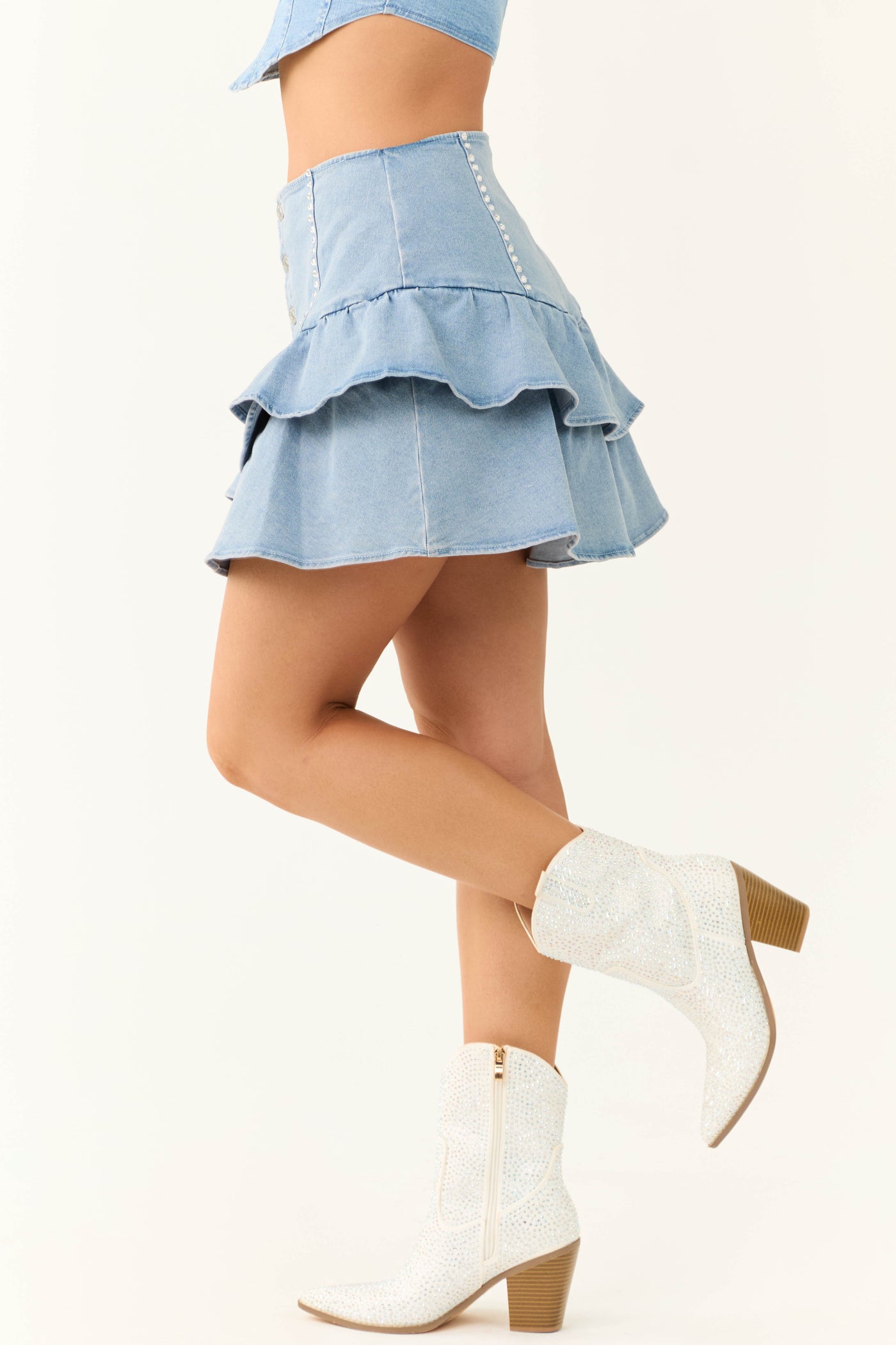 Medium Wash Denim Ruffle Mini Skirt