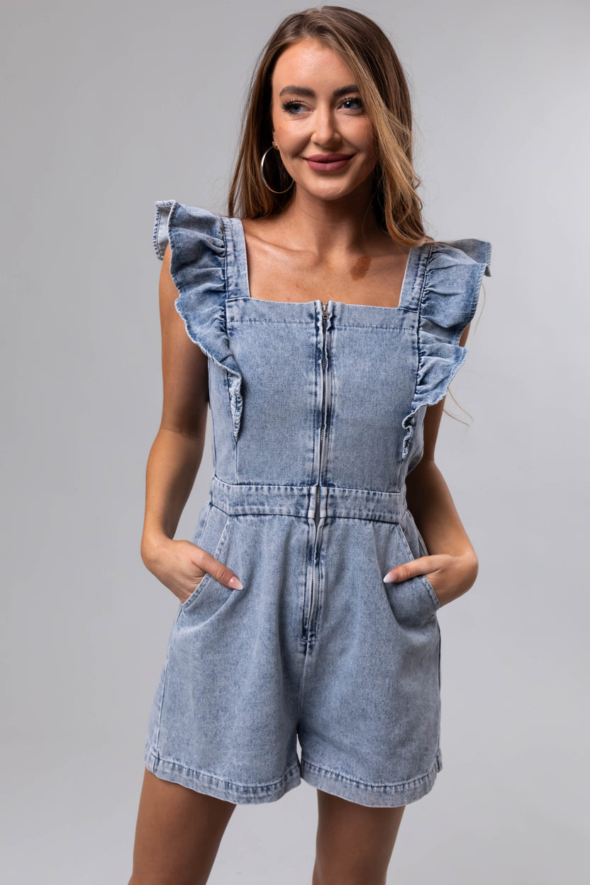 Medium Wash Denim Ruffle Romper