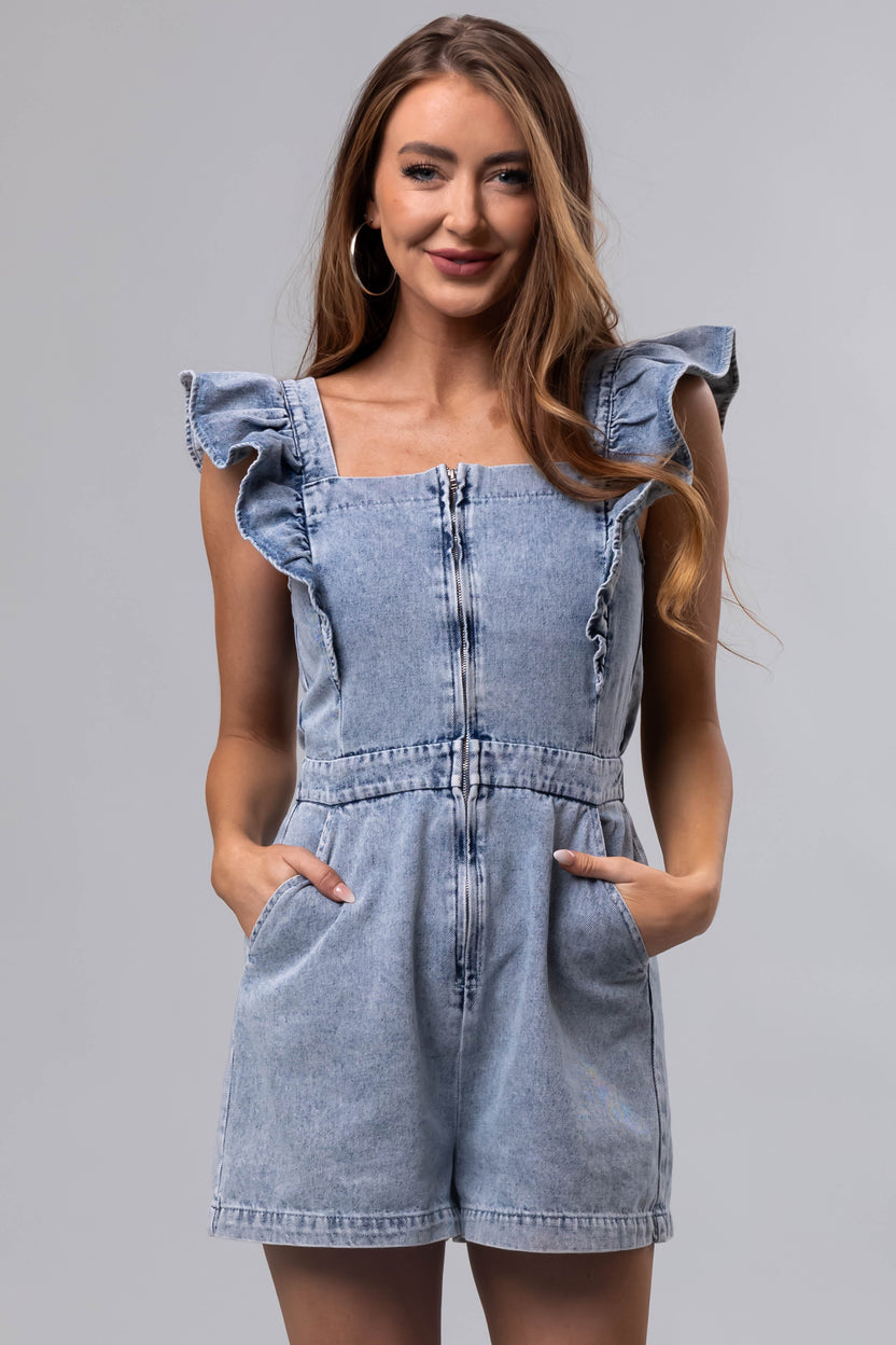 Medium Wash Denim Ruffle Romper