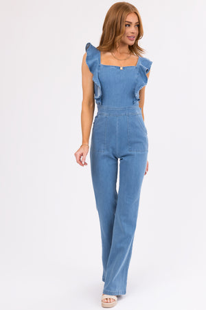 Medium Wash Denim Ruffle Sleeveless Jumpsuit