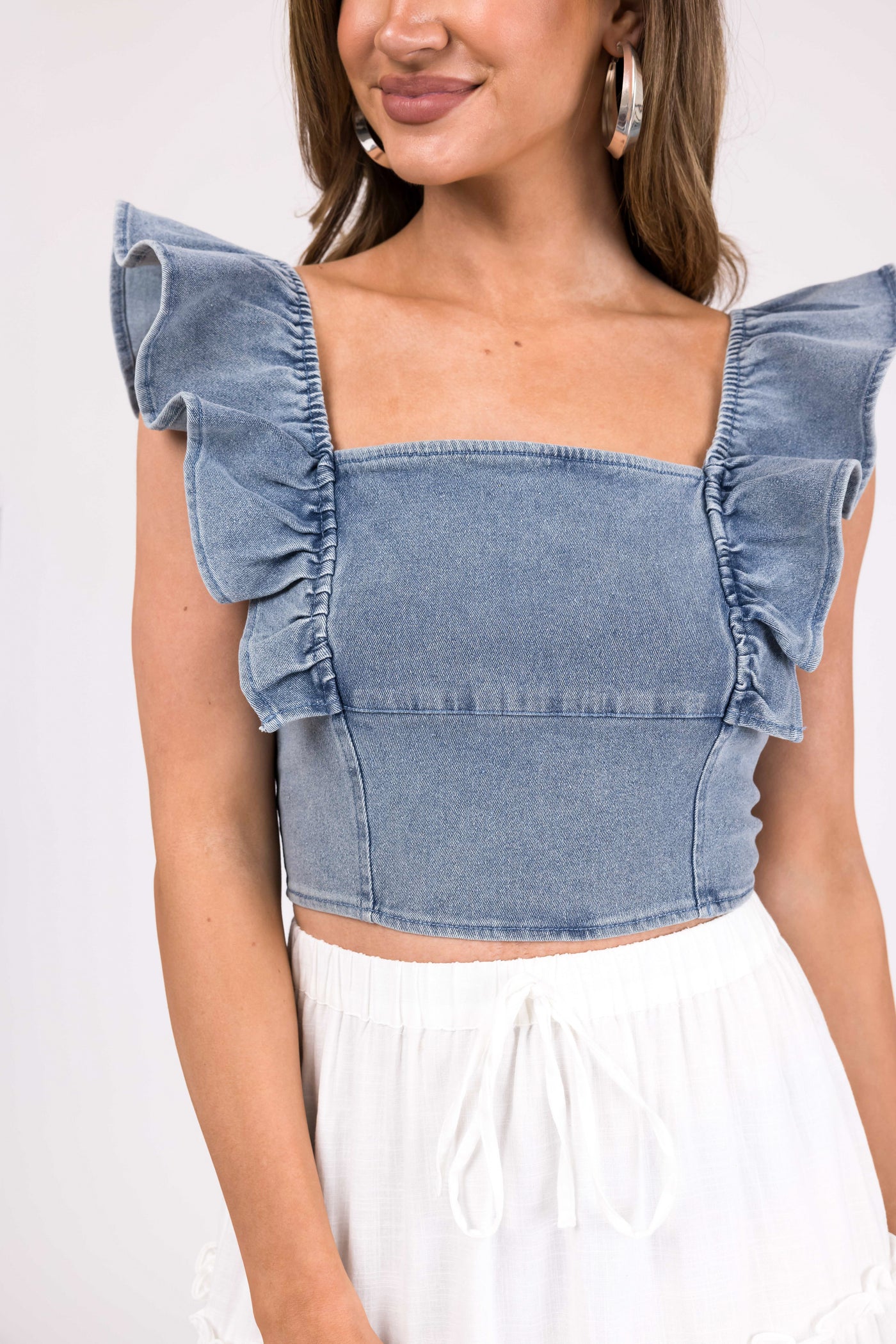 Medium Wash Denim Short Sleeve Crop Top