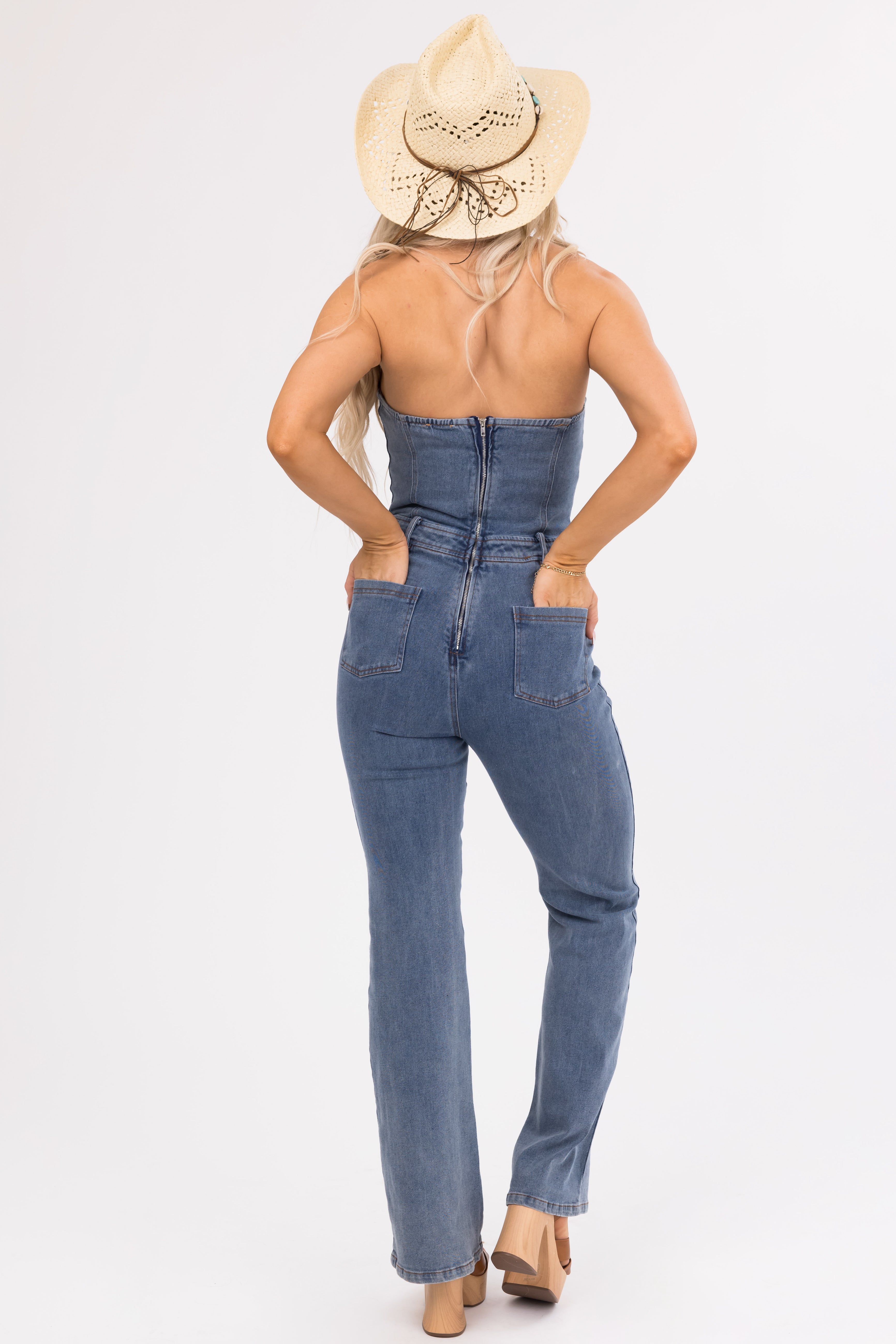 Medium Wash Denim Strapless Belt Loop Jumpsuit