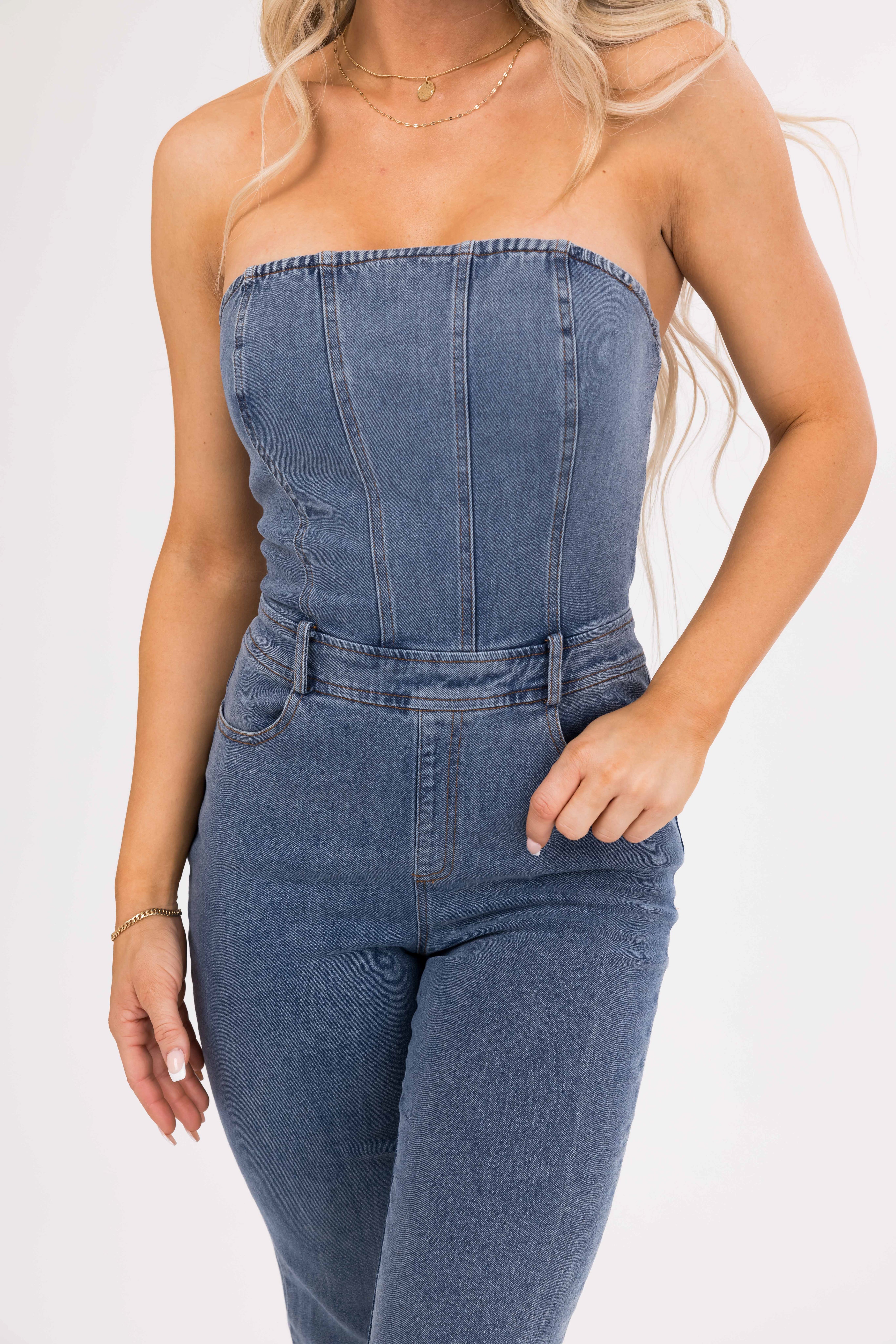 Medium Wash Denim Strapless Belt Loop Jumpsuit