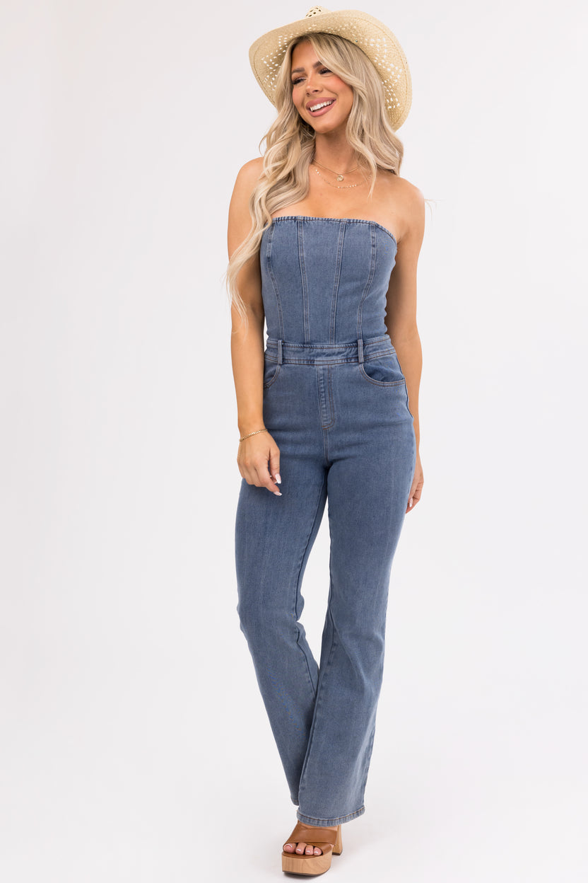 Medium Wash Denim Strapless Belt Loop Jumpsuit