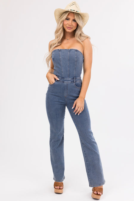 Medium Wash Denim Strapless Belt Loop Jumpsuit