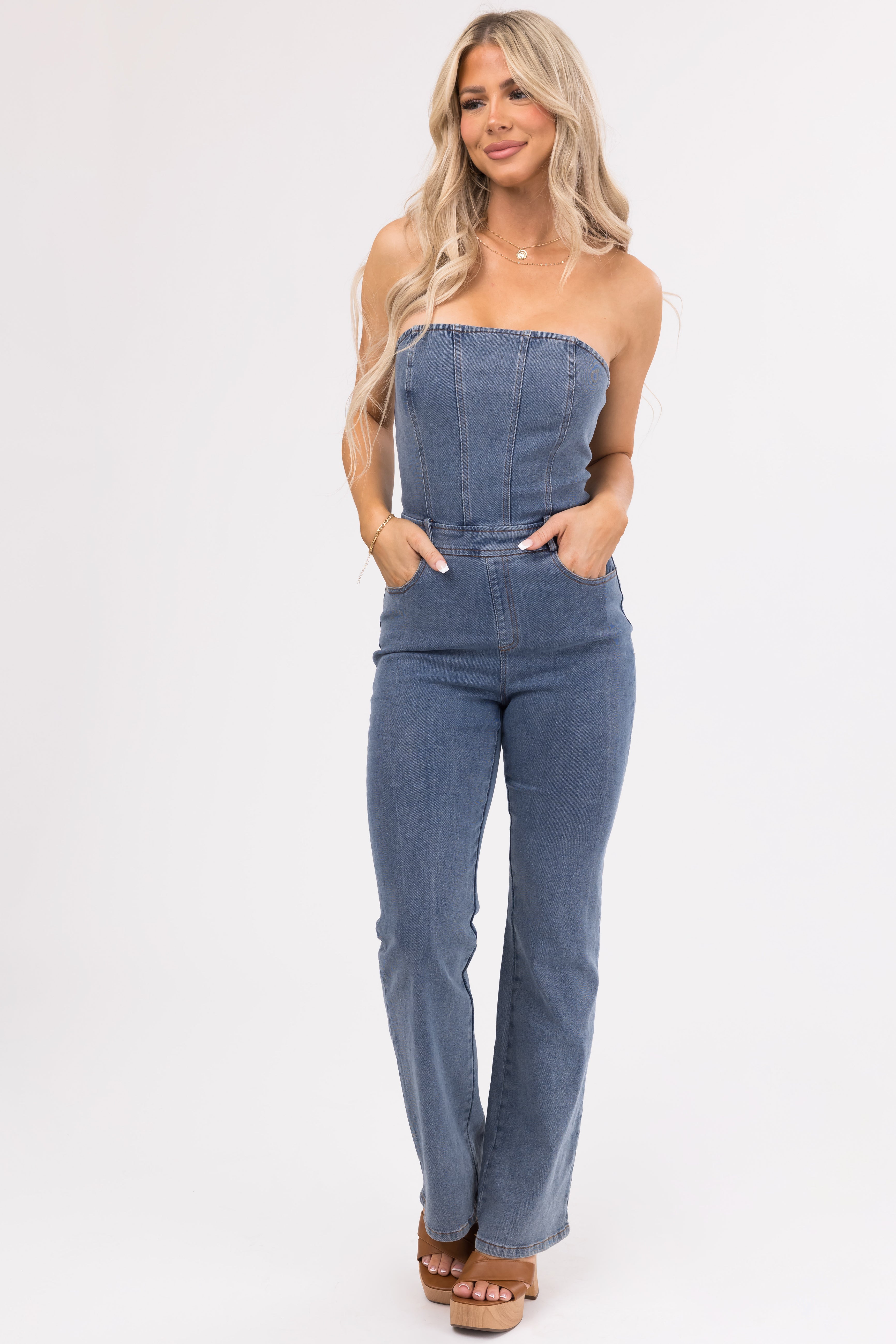 Medium Wash Denim Strapless Belt Loop Jumpsuit