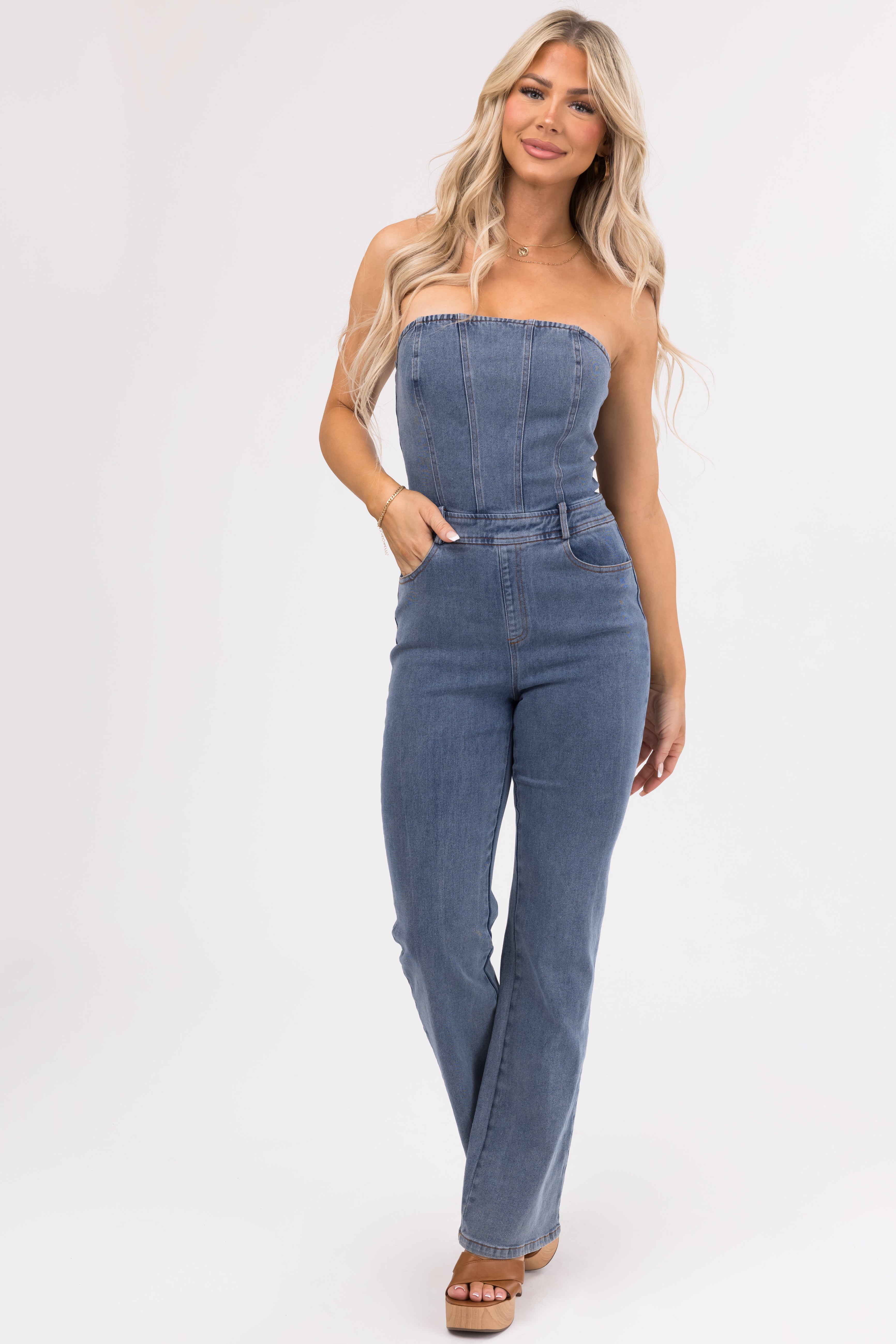 Medium Wash Denim Strapless Belt Loop Jumpsuit