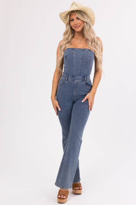 Medium Wash Denim Strapless Belt Loop Jumpsuit