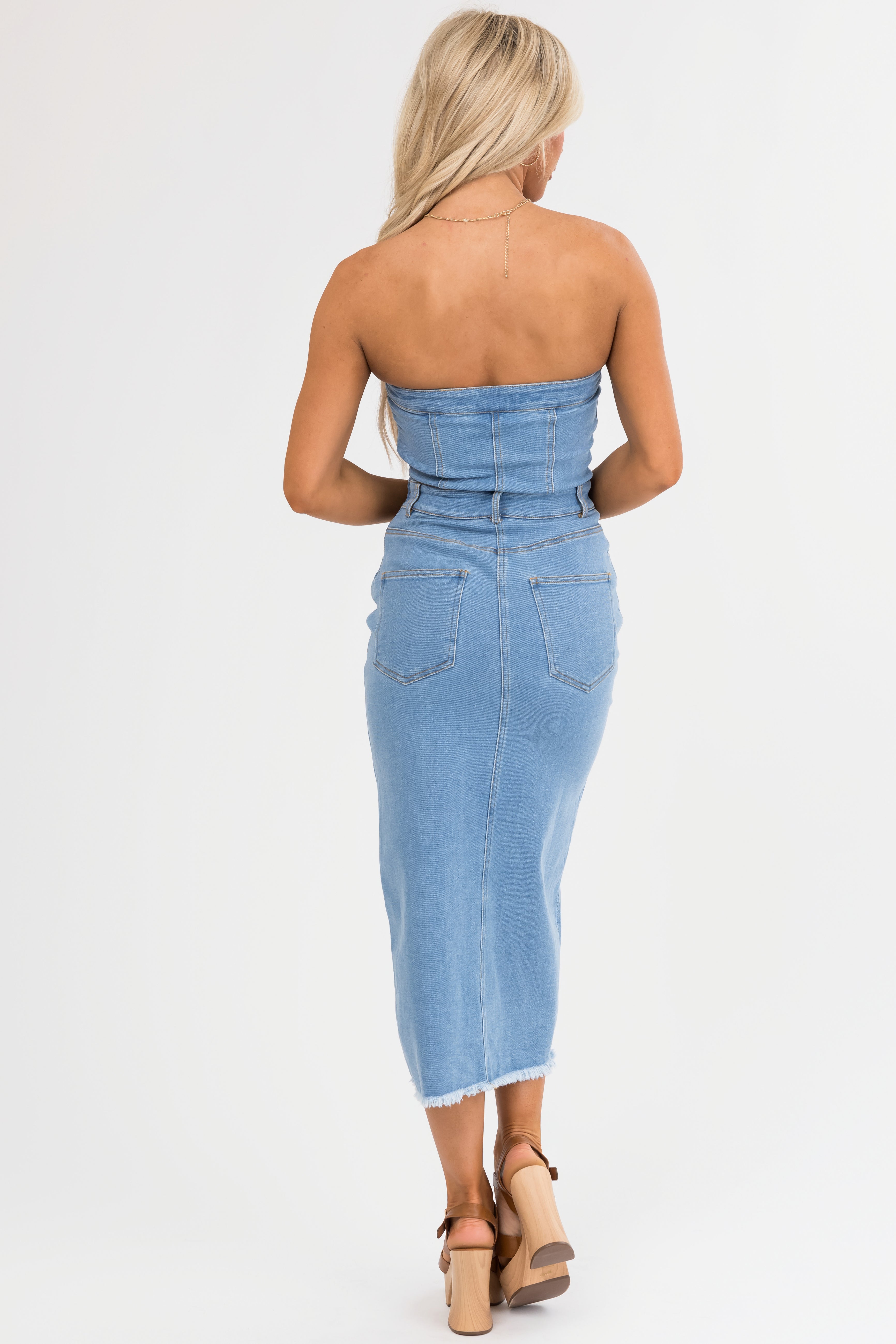 Medium Wash Denim Strapless Bodycon Dress