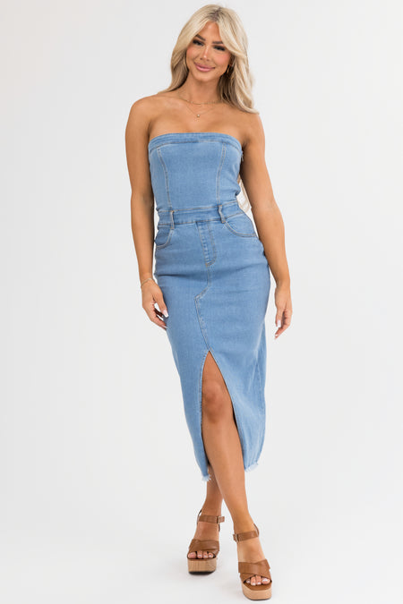 Medium Wash Denim Strapless Bodycon Dress